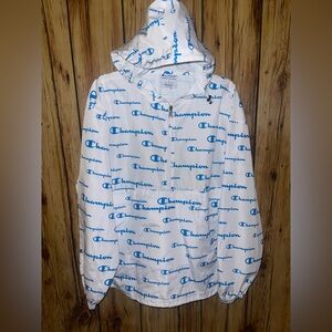 Champion All Over Logo Windbreaker L White Blue Half Zip Packable Jacket Spring